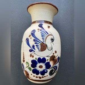 Vintage Mexican Tonala vase with bird and flowers.